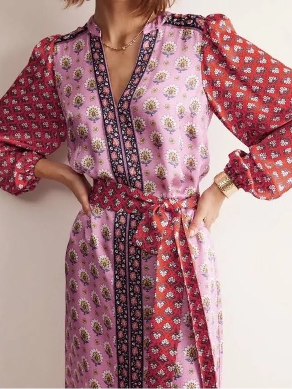 Floral Mixed-Paneled Pink & Red V-Neck Waist Tie Maxi/Midi Dress